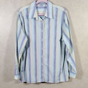 01550 Foxcroft blue, yellow & green striped L/S wrinkle free blouse 16